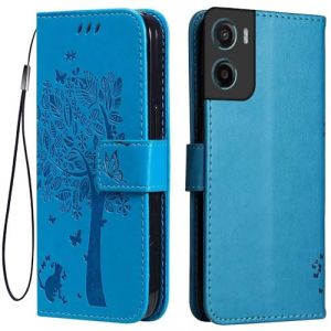 Topme &Eacute;tui en Cuir pour Motorola Moto g05 / Motorola Moto E15 (6.67" inches), [ Coque Housse de T&eacute;l&eacute;phone Style Motif Chat Et Arbre] - Bleu (topme, neuf)