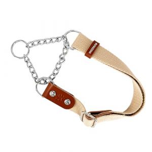 Martingale Collier Semi Etrangleur pour Chien avec Cha&icirc;ne et Cuir. Anti Traction. S. Beige & Cognac (AVANZONA, neuf)