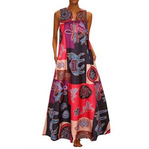 Chanpning Femme Robe Longue Imprimé Floral Maxi Robe BohèMe avec Poches sans Manches Grande Taille Robe Trapeze Femme Robe Longue Fluide Robe D Ete pour Femme Robe Femme Chic Et Elegant (Blingko, neuf)