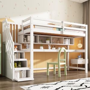 Zepneiy Lit Mezzanine Enfant avec escalier de Rangement, Lit Simple 90x200 cm avec Grand Bureau et étagères, Lit Enfant Multifonctionnel en Bois Massif et MDF Naturel et Blanc (sans Matelas) (ZEYNEP OZTURK LIMITED, neuf)