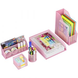 Solinxe Set d'organisation de Bureau en m&eacute;tal - Bac &agrave; Documents A4 Bac &agrave; courrier Porte-Crayons Porte-Lettres et Porte-Notes adh&eacute;sives, Rose (Solinxe Direct, neuf)