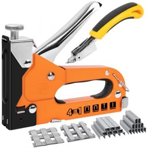 CIRULLI Agrafeuse murale 4 en 1,Cloueuse avec 2 400 clous (4 types de clous) et 1 arrache-clou,agrafeuse bois Force d'impact réglable,Agrafeuse murale pour bois,meubles,tapis,projets de bricolage (FERRERI GIULIA, neuf)