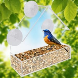 RMENOOR Mangeoire à Oiseaux pour Extérieur, Mangeoires à Fenêtre -Transparent en Acrylique, 14.5x14.5x6cm, Mangeoire pour Oiseaux Sauvages Installation sans Perçage avec 3 Grandes Ventouses (RMENOOR, neuf)