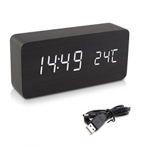 kwmobile R&eacute;veil Bois LED - Horloge Digitale Aspect Bois - R&eacute;veil Matin Tactile avec Fonction Date Heure Temp&eacute;rature - Rectangle Noir et LED Blanc (SX-Commerce, neuf)