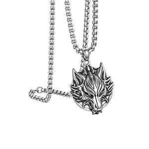 Flongo Collier Acier INOX Pendentif Tête de Loup Symbole Liberté Nature Sauvage Charme Collier Punk Rock Vintage pour Homme Motard Fantastie Cadeaux Anniversaire (Flongo, neuf)