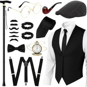 Accessoires pour hommes des ann&eacute;es 20, costume de gangster Gatsby 1920, costume de carnaval de mafia pour hommes, accessoires de v&ecirc;tements des ann&eacute;es 1920 avec gilet, bonnet basque, cravate, n&oelig;ud (chaowu-EU, neuf)