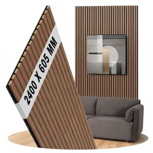 Panneaux acoustiques en noyer, lattes de bois en feutre noir, rev&ecirc;tement mural, surface : bois v&eacute;ritable, dimensions : 2400 x 605 mm - Largeur des lattes: 27 mm (noix) (uficell Parkettunterlagen, neuf)