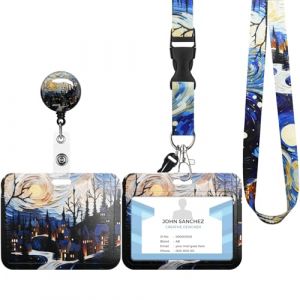 Porte Badge avec Cordon,Tour de Cou Badge avec Porte-Cartes,Equipé d'un crochet d'écrevisse rotatif extensible,Adapté pour Carte d'identité,Carte Bancaire (E-Forêt) (QZXJ, neuf)