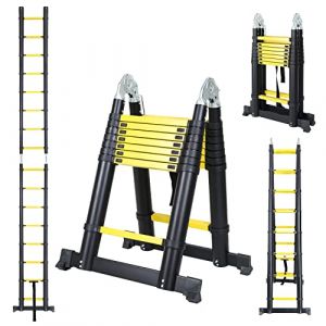 Cecaylie Échelle Télescopique en Aluminium 5 m (2,5 + 2,5 m), échelle multifonctionnelle, Pliable, échelle multifonctionnelle, Grande applicabilité, jusqu'à 330lbs / 150 kg, Noir Jaune (HAOHUOBPY, neuf)