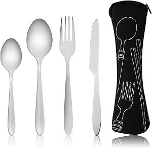 Ensemble de 4 couverts avec &eacute;tui portable, couverts en acier inoxydable, ensemble d'ustensiles de camping avec sac en n&eacute;opr&egrave;ne pour l'ext&eacute;rieur, voyage, pique-nique, bureau, &eacute;cole, bo&icirc;te &agrave; d&eacute;jeuner (WENYONG LI TRADING LTD, neuf)