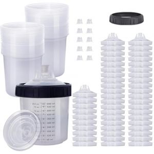 TINMAGI Gobelet M&eacute;langeur de Pulv&eacute;risateur de Peinture, Gobelet Jetable pour Pistolet &agrave; Peinture HVLP, 50 Couvercles Jetables et Liner avec Graduation, 10 Bouchons (600ML) (TINMAGI, neuf)