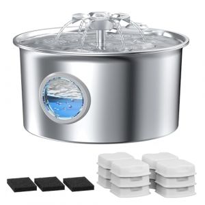 Fontaine Eau Chat INOX Automatique: 2,6L Distributeur Eau Chat Silencieuse - Distributeur Chien INOX - Cascade de Fleurs - avec Fenêtre de Niveau D’Eau - avec 6 Filtres + 3 éponges (BENJIE1, neuf)