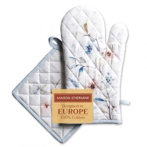 Maison d' Hermine Ice Florals Ensemble de Gants de Cuisine 100% Coton (19cm x 33cm) et manique (20cm x 20cm) pour Barbecue, Cuisson, grillade, Micro-Ondes, Automne/Hiver (Maison d' Hermine EU, neuf)