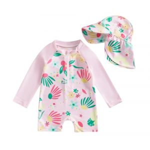 Carolilly Maillot de Bain Une Pièce Enfant Bébé Fille Zippé à Manches Longue Anti-UV avec Chapeau (Rose Fleurs, 3-6 Months) (Rose, 6-12 Months) (La Vie Brillante, neuf)