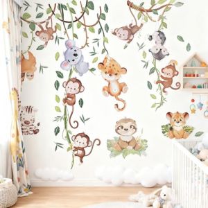 Stickers Muraux Animaux de la Jungle Tropicales Feuilles Branche Autocollant Lion Singe Léopard Koala Zèbre Mural Décoration Murale pour Chambre Enfants Bébé Pépinière Salon (zhiyuanhao, neuf)