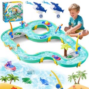 Joellfuner Table Eau Sable Enfant, 2 en 1 Table à Eau pour l'extérieur, Jouet de Jeu Sable et Eau avec 2 Bateaux, 2 Cannes à Pêche, 2 Pistolets à Eau e Accessoires pour Garçons et Filles 3+ Ans (TORYODOR ETRADE, neuf)