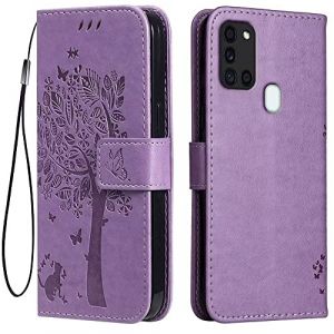 Topme &Eacute;tui en Cuir pour Samsung Galaxy A21s (6.5" inches), [ Coque Housse de T&eacute;l&eacute;phone Style Motif Chat Et Arbre] - Violet Clair (topme, neuf)