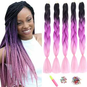 ShowJarlly Tresse Cheveux,5 Pièces Ombre Tresse Jumbo Cheveux, Meches Tresses Africaine,24" 500g Kanekalon Tresse Cheveux Synthétiques, Crochet Twist Tressage Cheveux(Noir/Rouge Pourpre/Rose Clair#) (XiuJiaLi Hair, neuf)