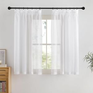 PONY DANCE Rideaux Voilage - Rideau Cuisine Court Decoration Chambre Blanc Naturel Lin Effet pour Fenêtre Porte Store Filtre de Lumière à Galon Fronceur 2 Panneaux, L 140 x H 137cm (RYB HOME EU, neuf)