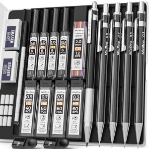 Nicpro 5 noir porte-mines en métal avec étui, crayons d'artiste avec 9 boîtes de mines de rechange 0,3, 0,5, 0,7, 0,9 et 2 mm(colorées 2H HB 2B 4B), 2 gommes, porte-mines en graphite pour croquis (NicproShop EU, neuf)