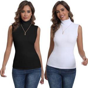 Pull Col Roulé sans Manche Tricot Léger Body Femme Tee Shirt Ajusté Moderne Col Montant sous-Pull Basique Pullover Laine Top Haut Vintage Chic Hiver Automne Printemps Noir+Blanc S (ANXINDA, neuf)