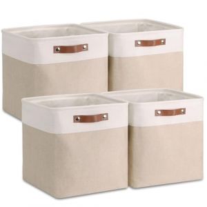 VIIHTYISA Lot de 4 Boîtes de Rangement en Tissu, 30x30x30cm, Avec Poignée en Cuir Synthétique pour Étagère Cube, Étagères, Penderie, Kaki et Blanc (ZABAO STORE, neuf)