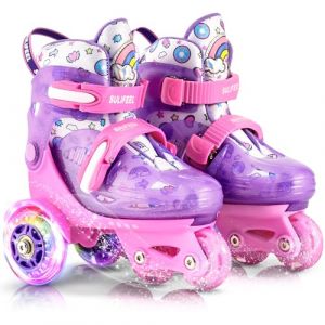 SULIFEEL Patins à roulettes Ajustables pour Filles garçons Enfants,Roues Lumineuses à Flash Amusantes Type d'équilibre à Trois Points Convient pour Les débutants Patinage à roulettes d'intérieur (Rosiy-FR, neuf)