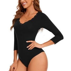 WOWENY Body 3/4 Arm Femme &Eacute;l&eacute;gant Dentelle Body Chemise Manches Trois-Quarts Haut Col V T-Shirt Body Justaucorps (Naughty Fashion Mode, neuf)