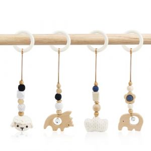 4 Pièces Arche Portique Deveil Eveil Bebe Bois Arche de Jeux Bébé Jouet a Suspendre Bebe Jeux Poussette Arches de Jeu pour Jouet Nouveau Né en Bois pour Siège de Bébé Landau (Blanc) (BINYI, neuf)