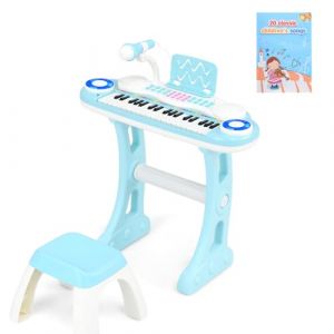 KOMFOTTEU Piano &eacute;lectronique pour enfant &agrave; 37 touches avec effets de lumi&egrave;re et microphone r&eacute;glable - Clavier de piano avec tabouret, clavier 8 rythmes/sons pour enfants de 3 ans et plus - Bleu (Komfort GmbH, neuf)