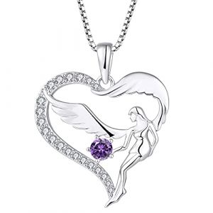 FJ Collier Coeur Femme Ange Gardien Collier Argent Sterling 925 Pendentif Ailes d'Ange Collier Pierre de Naissance F&eacute;vrier Am&eacute;thyste Cadeaux de Bijoux pour Femme Fille (Farjary Jewelry, neuf)
