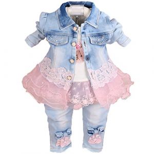 Yao 6M-5A Ensembles de vêtements en Denim pour Petites Filles Ensembles de 3 pièces T-Shirt Veste en Jean et Jean (Rose, 3-4A) (LittleWish, neuf)