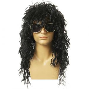 YuanYouTong Perruque longue noire bouclée ondulée Rock Star des années 70 et 80, perruque disco en métal lourd pour homme et femme, perruque punk rocker, perruque de déguisement, perruque glamour et (CBYYT, neuf)