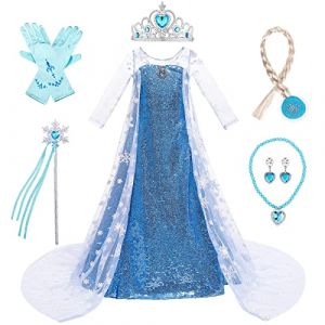 LOBTY Fille Robe de Princesse Elsa avec Accessoires Couronne Collier Déguisement de Reine des Neiges Costume de Princesse Anniversaire Fête Noël Partie Halloween Carnaval Cosplay Robe pour Enfants (LOBTY COSPLAY STORE, neuf)