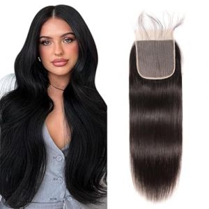 Closure Bresilienne lisse 4x4 Bresilienne Cheveux Humain Closure Bresilienne Lisse Straight Top Swiss Lace Free Part With Natural Hairline Baby Hair 20 Pouces (Arenshxc, neuf)