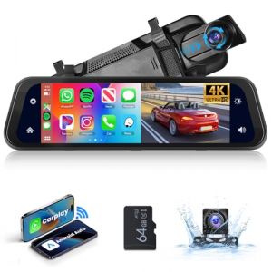 Podofo Dashcam Voiture Rétroviseur 9.66'' Touscreen Carplay Android Auto sans Fil Système à Double Caméra Bluetooth WDR avec Carte SD 64G avec Caméra de Recul Vision Nocturne AUX FM émetteur 7-32V (Podofo electronic, neuf)