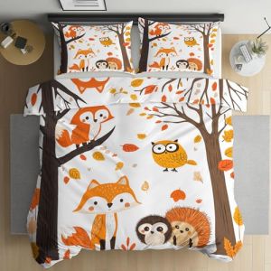 Jijliczc Housse de Couette 140x200cm H&eacute;risson Renard Dessin Anim&eacute; Parure de Lit Arbre Feuilles Caduques Housse Couette 1 Personnes avec 2 Taies d'oreiller Doux et Respirant Polyester Ensembles 65x65cm (ZZZCF1023, neuf)