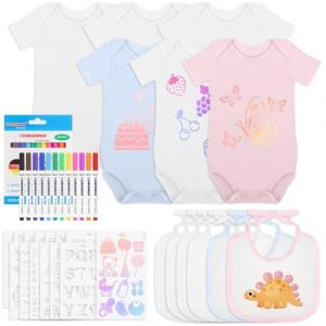 Aragallant 12 Pièces Bavoirs Bebe Body en Coton, Blanc à Peindre Bavoir pour Bébé de Peinture avec 12 Stylos Textiles de Couleur et 14 Pochoirs Peinture, Cadeau pour Garçons Filles Babyshower Fête Pré (Jadelotus Realmsky Kft., neuf)