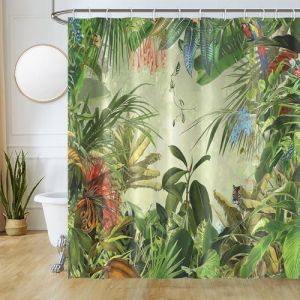 Rideau Douche Anti Moisissure, Uiiooazy Rideau de Douche 180x220cm Jungle Vert Feuilles de Palmier Tropicale For&ecirc;t Rideaux de Baignoire Tissu Lavable Imperm&eacute;able Rideaux Salle de Bain avec 12 Crochets (dongguibinjingpinxiaodianpu, neuf)