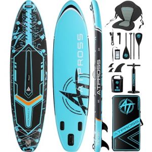 Planche de paddle gonflable, avec capacité de charge de 204 kg, plate-forme extra large, antidérapante et stable, siège de kayak, accessoires de SUP, sac à dos, pour adultes, yoga, pêche, bleu aurore (ATPROSS, neuf)