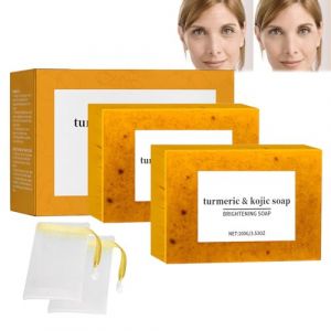 Savon au curcuma et à l'acide kojique Menuha, savon nettoyant au curcuma et au citron, savon au curcuma, savon éclaircissant au curcuma, savon blanchissant pour la peau avec filets à bulles (2 pcs) (Fuhandianzi, neuf)