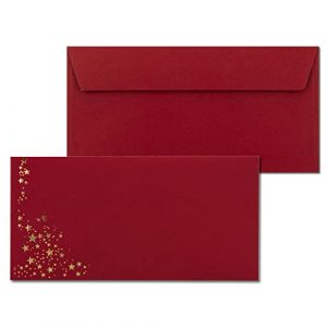 Lot de 100 enveloppes avec étoiles métallisées - DIN long - Motif pluie d'étoiles en relief - Couleur : rouge foncé, adhésif - 120 g/m² - 110 x 220 mm - Idéal pour Noël (GUSTAV NEUSER GmbH, neuf)