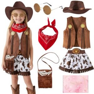 TOSZOLY Deguisement Cowgirl Enfant Fille, Robe Western pour Fille avec Bandana, Chapeau Cowboy, Cowgirl Costume pour Halloween Carnival Cosplay Party, Deguisement Fille 5-8 Ans (NIKLAVS TOMSONS, neuf)