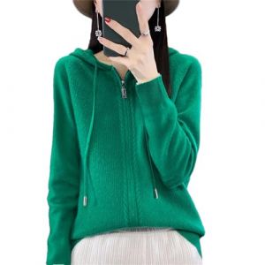 Cardigan en laine m&eacute;rinos 100% avec fermeture &eacute;clair pour femmes, pull &agrave; capuche en maille d&eacute;contract&eacute; &agrave; fermeture &eacute;clair uni, em&eacute;raude, M (EuroHomeGarden, neuf)