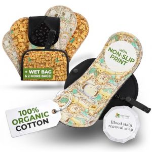 Serviettes hygi&eacute;niques lavables bio avec imprim&eacute; antid&eacute;rapant pour filles et ados (S+M, x6); serviettes menstruelles r&eacute;utilisables en coton, lavables &agrave; haute T&deg;, protection p&eacute;riodique non irritante (Natissy, neuf)