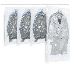 ZWMYF Lot de 4 sacs de Rangement sous Vide Suspendre pour v&ecirc;tements,Transparents et r&eacute;utilisables Housse sous vide pour vetement,pour costumes,costumes, robes, manteaux ou vestes 3(105x70)/145x70 cm) (zhi wang mao yi, neuf)