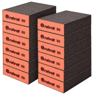 Sruhrak Lot de 12 Cale a Poncer, Cale &agrave; Poncer Rigides, 80 Grain - Eponge Abrasive &Eacute;ponge R&eacute;cup&eacute;rables pour Bois, Plastique, Placo et Polissage M&eacute;tallique en Sec et en Humide (Sruhrak-FR, neuf)