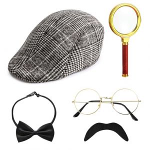 Lot de 5 accessoires de costume de détective Sherlock Holmes avec chapeau de détective, lunettes, fausse moustache, loupe, nœud papillon - Accessoires de cosplay pour carnaval, cosplay, fête (gris (Qi ShiPengDeshop, neuf)