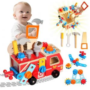 Pmueuff Outils Enfant Jouet, 33 Pi&egrave;ces Boite a Outils en Bois Jeux Montessori Jeu d'Imitation Bricolage &Eacute;ducatif Etabli Camion de Pompier en Bois Cadeau pour Garcon Fille 2 3 4 5 Ans (MahovGGWP ou, neuf)