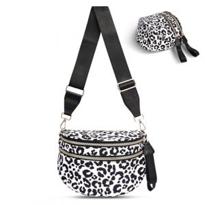 idoltimes Sac &agrave; bandouli&egrave;re &agrave; carreaux, sac banane en nylon pour femme, sac &agrave; bandouli&egrave;re spacieux, sac banane avec bandouli&egrave;re, Blanc/l&eacute;opard, Medium, Sport (HuangYaZhou00145, neuf)